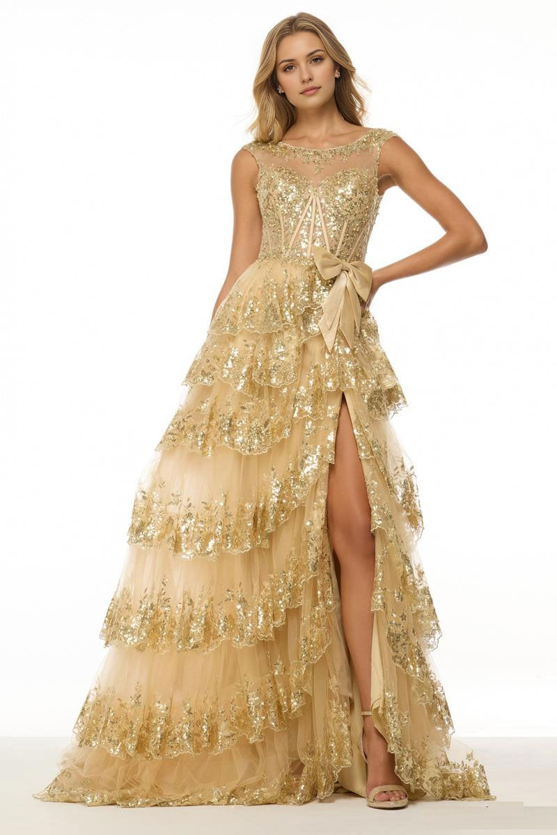 Weitese Dress Sparkle & Shine A-Line Boat Neck Sequins Party Dress Evening Dress Sweep/Brush Train Sleeveless Tiered Prom Dress